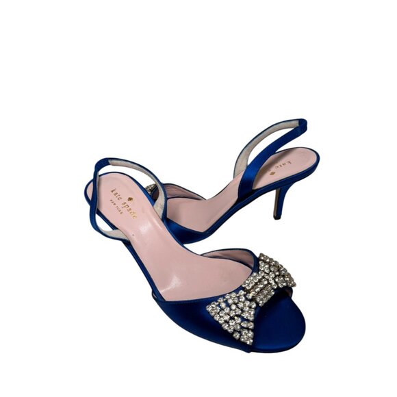 New KATE SPADE Womens Blue Jeweled Bow Satin Slingback Heels Sandals Size 8 B - Picture 2 of 8